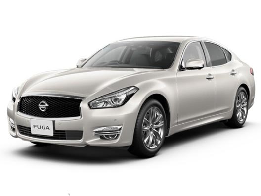 Silver Nissan Fuga luxury sedan angled front view