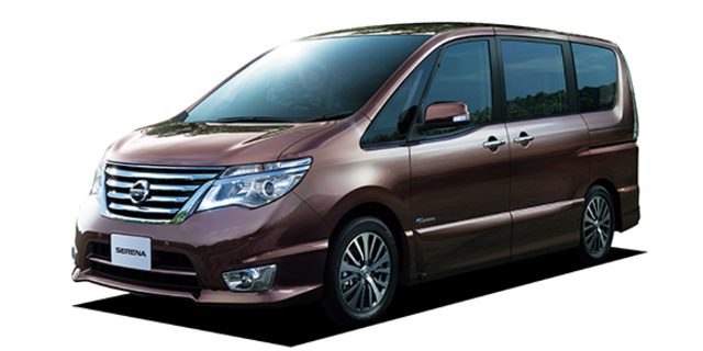 Brown Nissan minivan, front three-quarter view